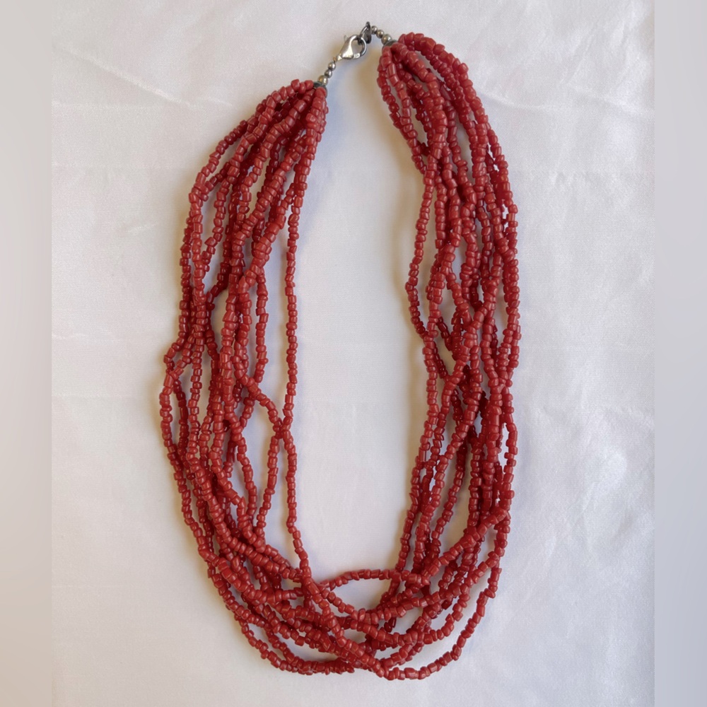 Vintage Silpada Natural Red Coral and 925 Sterling Silver 16" Seed Bead Necklace